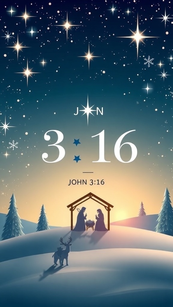 Christmas wallpaper design with John 3:16 verse, featuring festive graphics and a serene nativity scene.